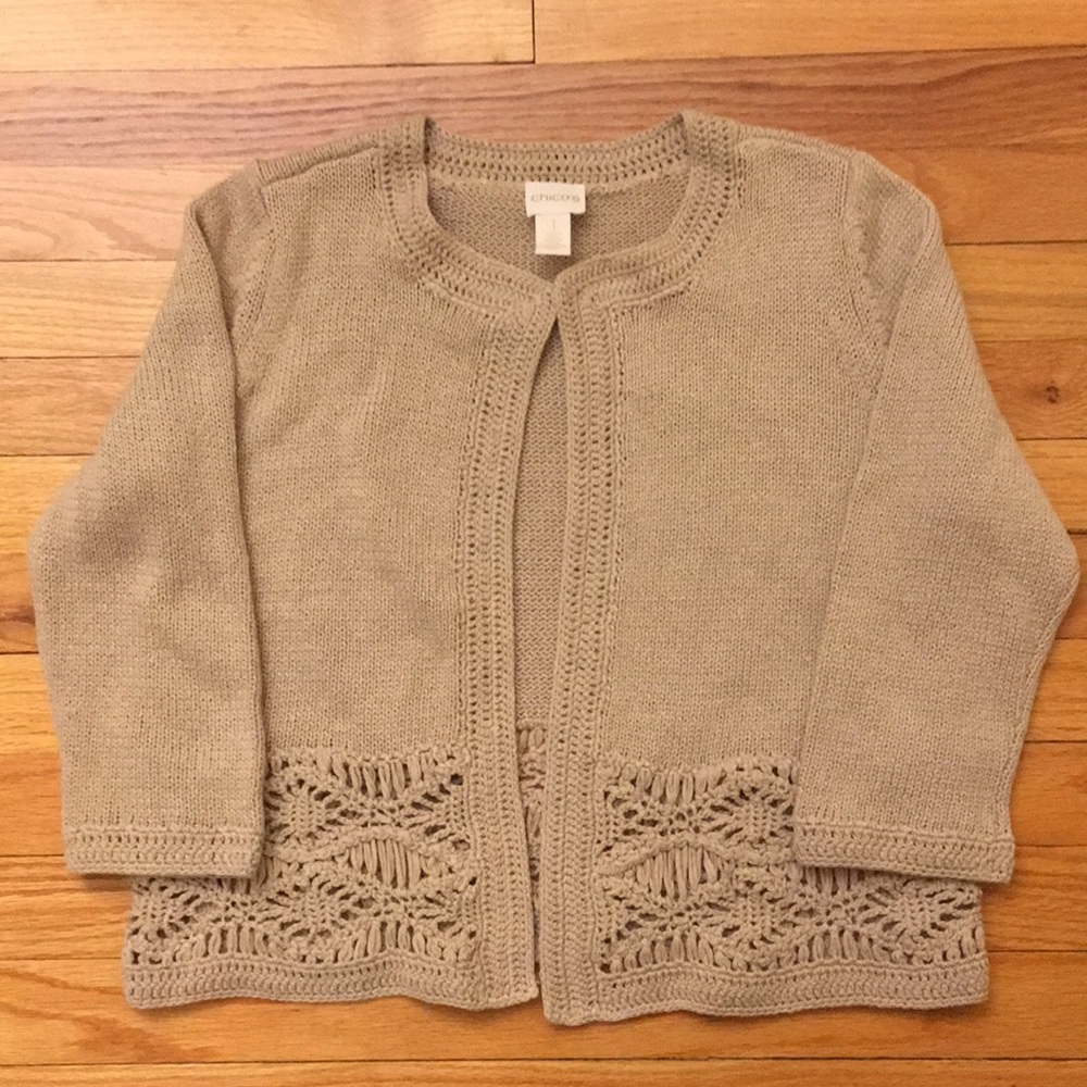 Chico’s Tan Knit Sweater Macrame Size 1